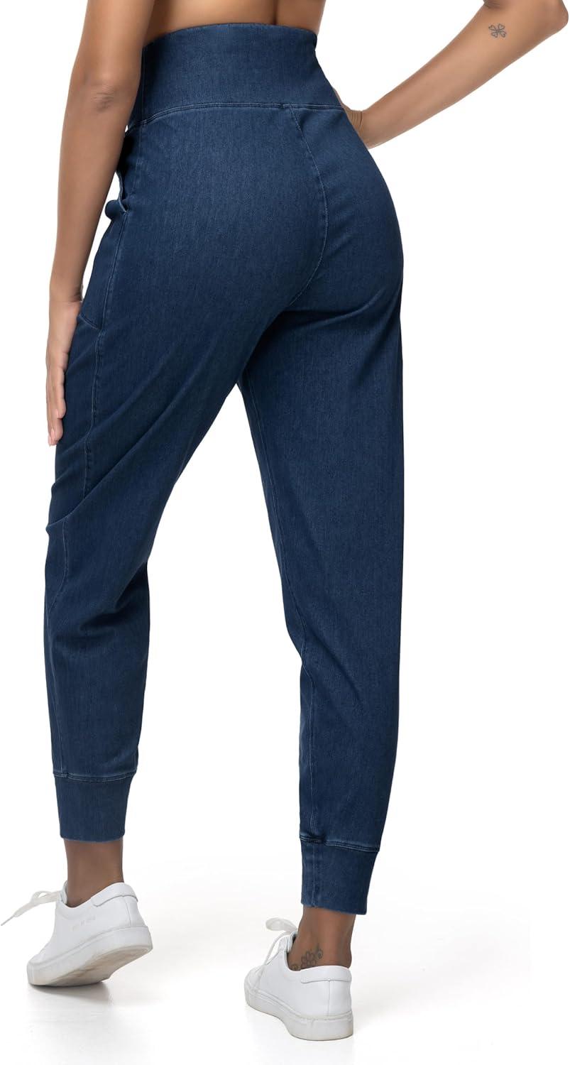 imageTHE GYM PEOPLE Womens High Waisted Denim Joggers Pants Stretchy Tapered Pull On Casual Workout Jeans Jeggings with PocketsDark Blue
