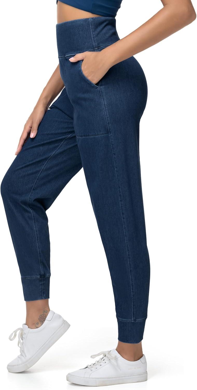 imageTHE GYM PEOPLE Womens High Waisted Denim Joggers Pants Stretchy Tapered Pull On Casual Workout Jeans Jeggings with PocketsDark Blue