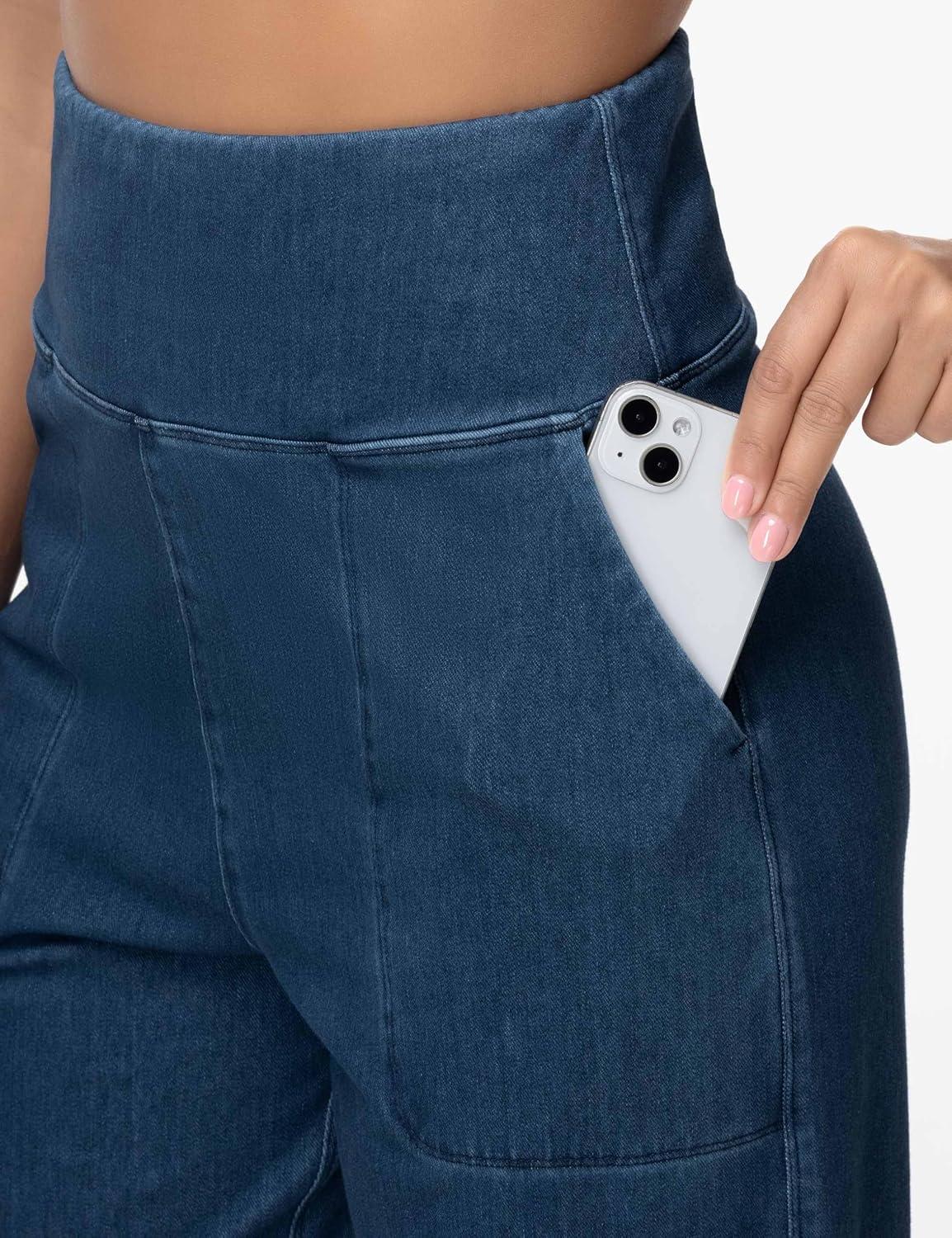 imageTHE GYM PEOPLE Womens High Waisted Denim Joggers Pants Stretchy Tapered Pull On Casual Workout Jeans Jeggings with PocketsDark Blue