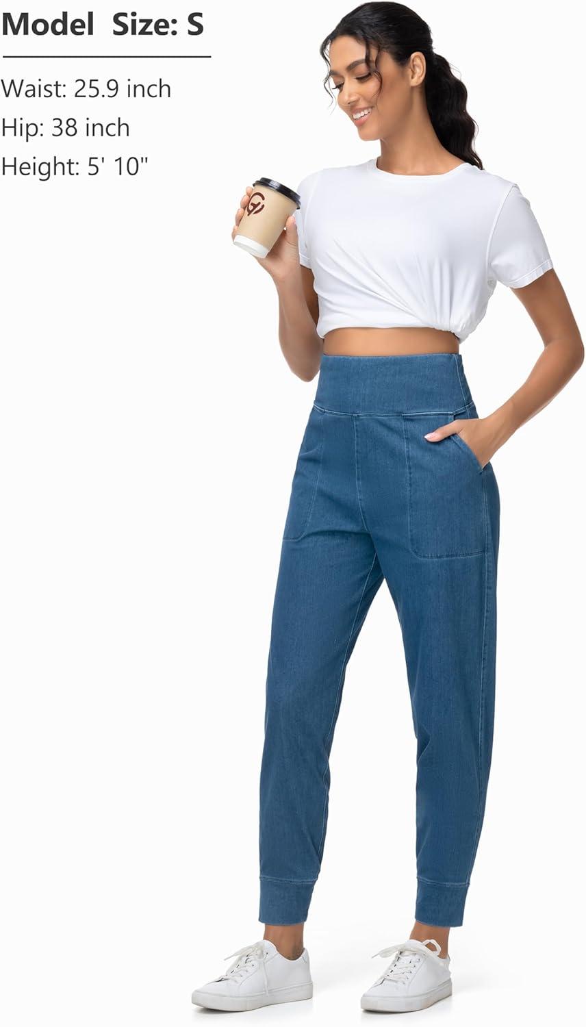 imageTHE GYM PEOPLE Womens High Waisted Denim Joggers Pants Stretchy Tapered Pull On Casual Workout Jeans Jeggings with PocketsDenim Blue