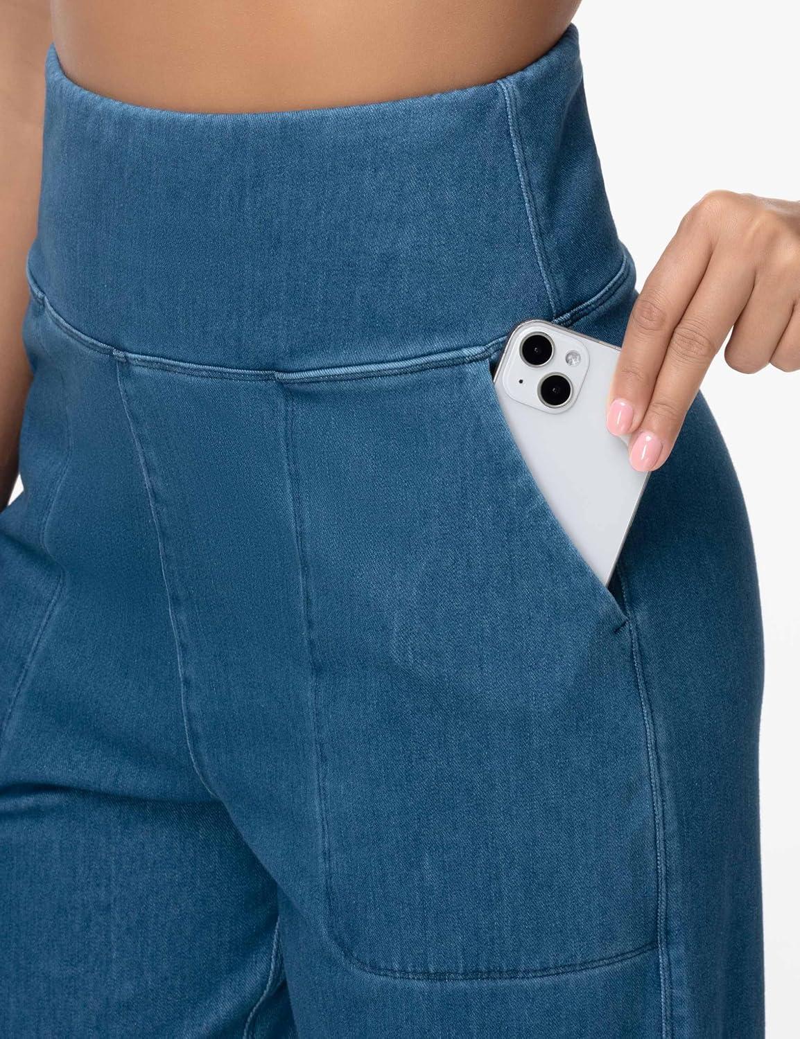 imageTHE GYM PEOPLE Womens High Waisted Denim Joggers Pants Stretchy Tapered Pull On Casual Workout Jeans Jeggings with PocketsDenim Blue