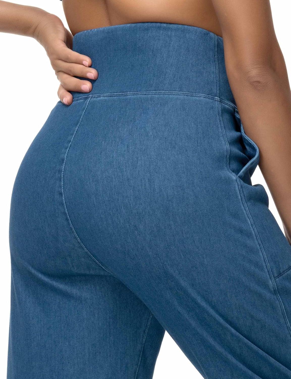 imageTHE GYM PEOPLE Womens High Waisted Denim Joggers Pants Stretchy Tapered Pull On Casual Workout Jeans Jeggings with PocketsDenim Blue