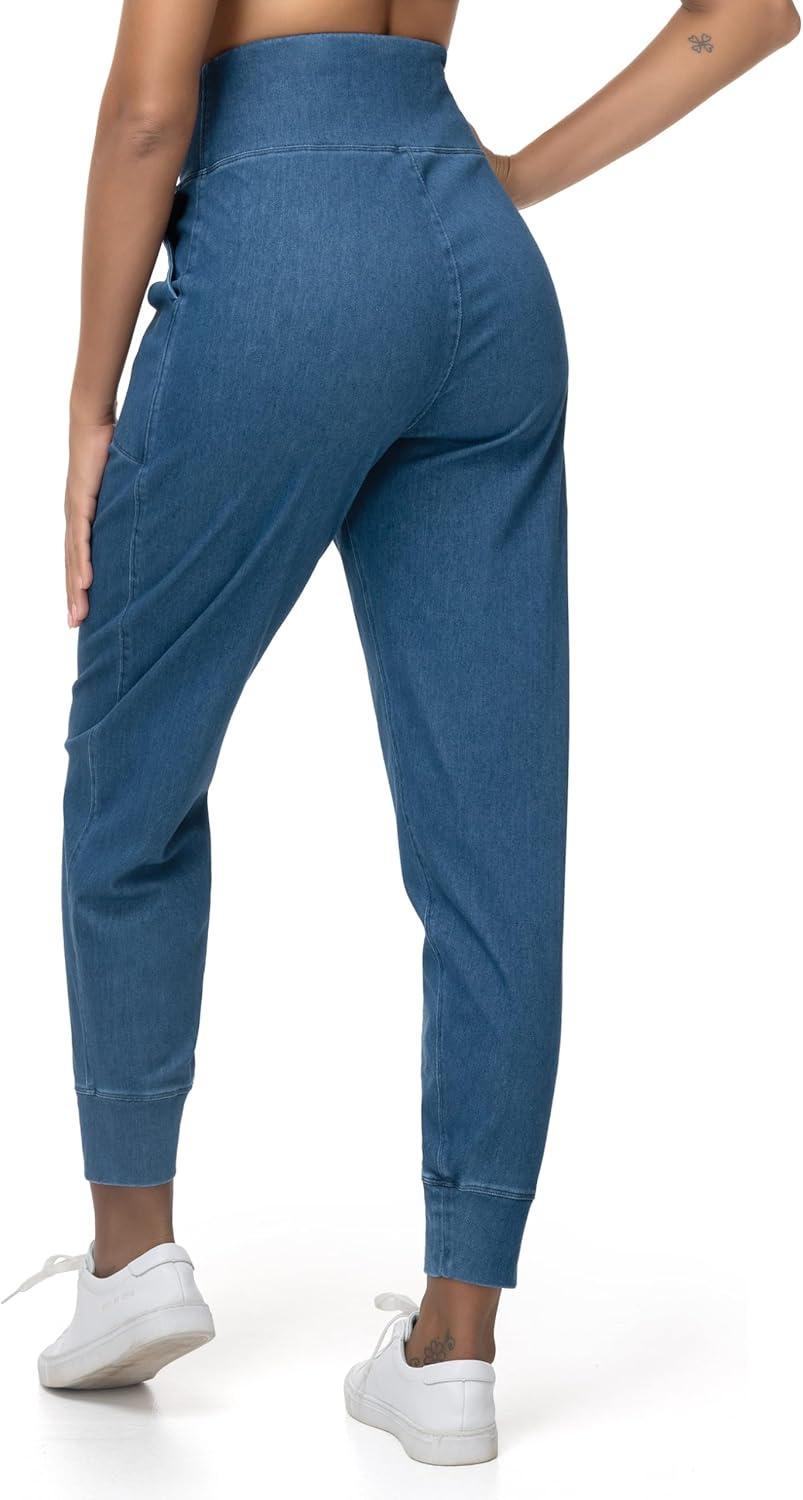 imageTHE GYM PEOPLE Womens High Waisted Denim Joggers Pants Stretchy Tapered Pull On Casual Workout Jeans Jeggings with PocketsDenim Blue
