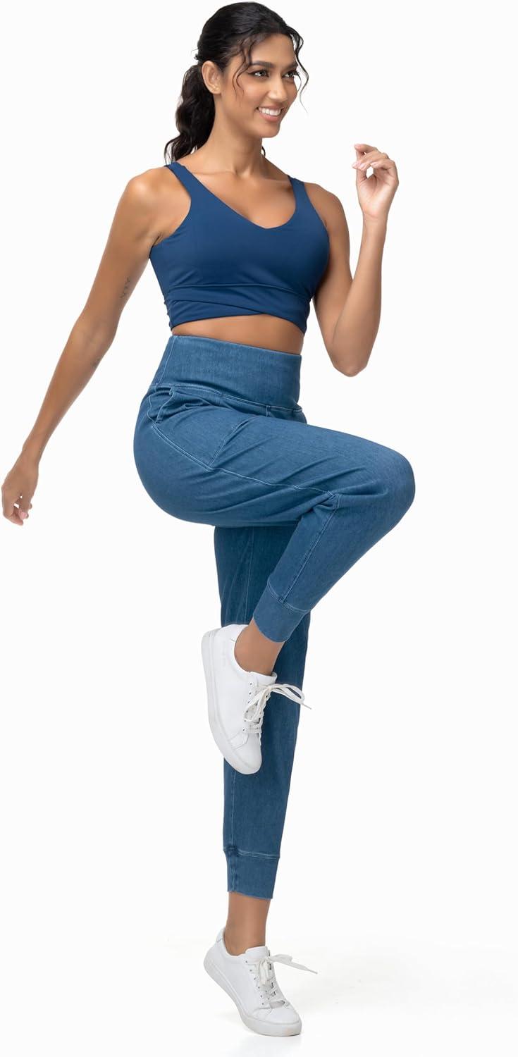 imageTHE GYM PEOPLE Womens High Waisted Denim Joggers Pants Stretchy Tapered Pull On Casual Workout Jeans Jeggings with PocketsDenim Blue