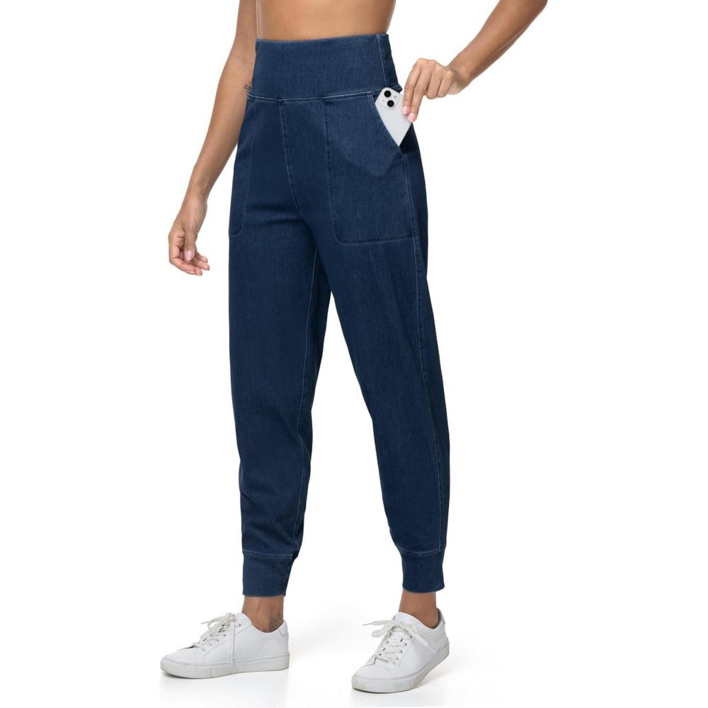 imageTHE GYM PEOPLE Womens High Waisted Denim Joggers Pants Stretchy Tapered Pull On Casual Workout Jeans Jeggings with PocketsDark Blue