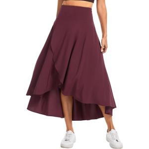 image:imageTHE GYM PEOPLE Womens High Waist Flowy Maxi Skirts Ruffle High Low Hem Asymmetric Wrap Long Skirt Builtin ShortsDark Red