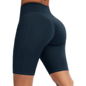 image:imageTHE GYM PEOPLE Womens High Waist Scrunch Booty Lifting Yoga Shorts No Front Seam Stretchy Ruched Gym Shorts 8 with PocketsBlue