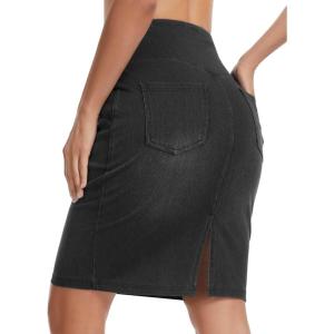 image:imageTHE GYM PEOPLE Womens High Waist Stretchy Denim Skirt Knee Length Slim Fit Pencil Jean Skirt Back Slit with PocketsBlack