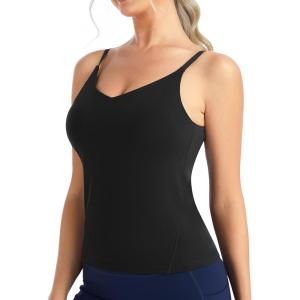 image:imageTHE GYM PEOPLE Womens Longline V Neck Sports Bra with Removable Pads Adjustable Spaghetti Strap Yoga Workout Cami Tank TopsBlack