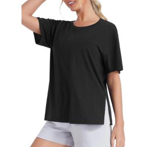 image:imageTHE GYM PEOPLE Womens Loose Fit Short Sleeve Workout TShirts with Side Slit Crewneck Summer Lightweight Casual Top TeesBlack