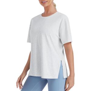 image:imageTHE GYM PEOPLE Womens Loose Fit Short Sleeve Workout TShirts with Side Slit Crewneck Summer Lightweight Casual Top TeesHeather White