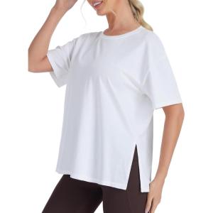 image:imageTHE GYM PEOPLE Womens Loose Fit Short Sleeve Workout TShirts with Side Slit Crewneck Summer Lightweight Casual Top TeesWhite