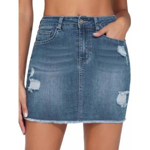 image:imageTHE GYM PEOPLE Womens Ripped Denim Mini Skirts Stretchy Frayed Raw Hem Casual Trendy Jean Skirt with PocketsGrey Blue