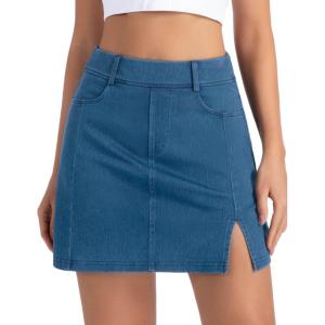 image:imageTHE GYM PEOPLE Womens Stretchy Jean Skorts Slim Fit Side Split Casual Denim Skirts with PocketsDenim Blue