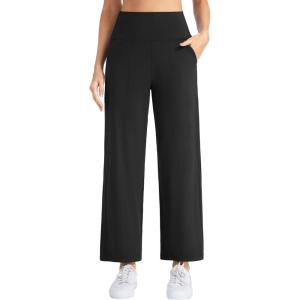 image:imageTHE GYM PEOPLE Womens Wide Leg Yoga Pants 27 Loose High Waist Workout Lounge Cropped Pants with PocketsBlack