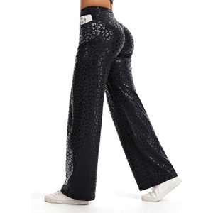 image:imageTHE GYM PEOPLE Womens Booty Lifting Wide Leg Yoga Pants High Waist No Front Seam Straight Workout Leggings with PocketsBlack Leopard
