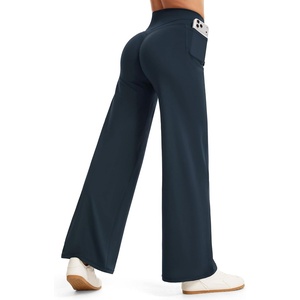 image:imageTHE GYM PEOPLE Womens Booty Lifting Wide Leg Yoga Pants High Waist No Front Seam Straight Workout Leggings with PocketsBlue