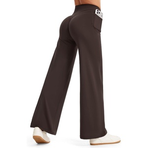 image:imageTHE GYM PEOPLE Womens Booty Lifting Wide Leg Yoga Pants High Waist No Front Seam Straight Workout Leggings with PocketsBrown