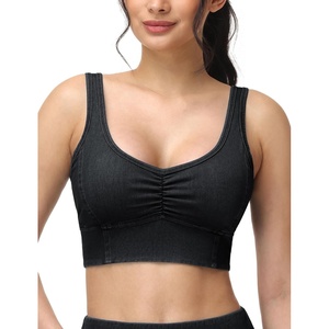 image:imageTHE GYM PEOPLE Womens Denim Scrunch Crop Tops V Neck Longline Casual Bra Padded Jean Cami with UBackBlack