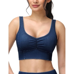 image:imageTHE GYM PEOPLE Womens Denim Scrunch Crop Tops V Neck Longline Casual Bra Padded Jean Cami with UBackDark Blue