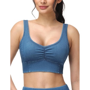 image:imageTHE GYM PEOPLE Womens Denim Scrunch Crop Tops V Neck Longline Casual Bra Padded Jean Cami with UBackDenim Blue