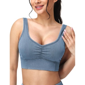 image:imageTHE GYM PEOPLE Womens Denim Scrunch Crop Tops V Neck Longline Casual Bra Padded Jean Cami with UBackDenim Light Blue
