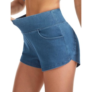 image:imageTHE GYM PEOPLE Womens High Waisted Jean Shorts Stretchy Pull On Side Slit Denim Short with PocketsDenim Blue