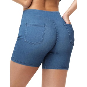 image:imageTHE GYM PEOPLE Womens High Waisted Stretchy Jean Shorts Booty Lifting Pull On Denim Shorts with PocketsDenim Blue