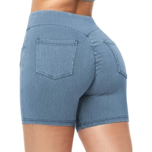image:imageTHE GYM PEOPLE Womens High Waisted Stretchy Jean Shorts Booty Lifting Pull On Denim Shorts with PocketsDenim Light Blue