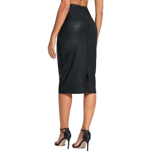 image:imageTHE GYM PEOPLE Womens High Waist Tummy Control Pencil Skirts Stretchy Bodycon Midi Skirt Below Knee with Back SlitFaux Leather Coated