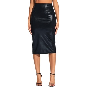 image:imageTHE GYM PEOPLE Womens High Waist Tummy Control Pencil Skirts Stretchy Bodycon Midi Skirt Below Knee with Back SlitLight Leather