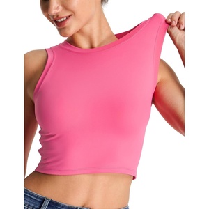 image:imageTHE GYM PEOPLE Womens Workout Crop Tops Yoga Athletic Sleeveless Shirts  Crop Tank Tops Sleeveless Wide Elastic Straps Crewneck Breathable Soft Ideal for Yoga Running Workout or CasualBright Pink