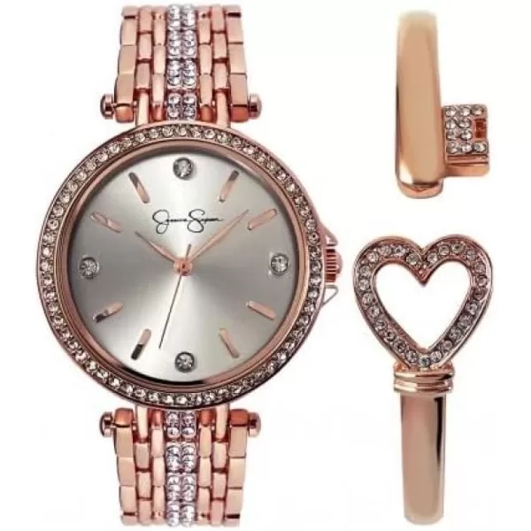 Jessica Simpson Womens Watches with Crystal Diamonds, Analog Quartz Dress Wrist Watch for Women with a Heart Bangle Bracelet - Unique Gifts for Her