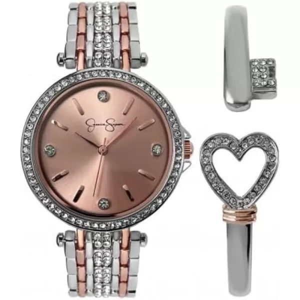 Jessica Simpson Womens Watches with Crystal Diamonds, Analog Quartz Dress Wrist Watch for Women with a Heart Bangle Bracelet - Unique Gifts for Her