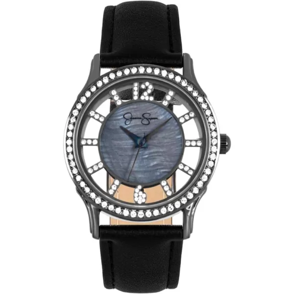 Jessica Simpson Womens Watches with Leather Strap, Mother of Pearl Dial and Crystal Diamonds, Analog Quartz Dress Wrist Watch for Women - Unique Gifts for Her