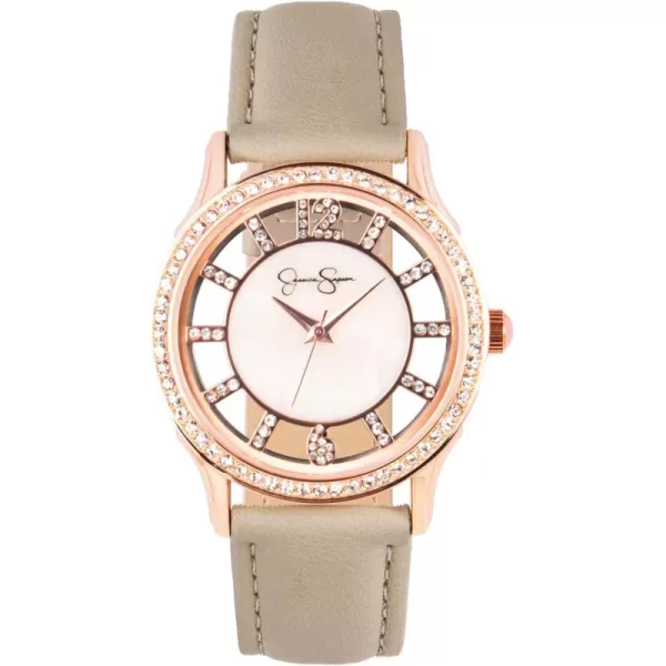 Jessica Simpson Womens Watches with Leather Strap, Mother of Pearl Dial and Crystal Diamonds, Analog Quartz Dress Wrist Watch for Women - Unique Gifts for Her