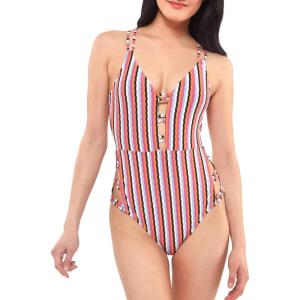 imageJessica Simpson Womens Standard V Neck One Piece Swimsuit Bathing SuitGroovy Stripe