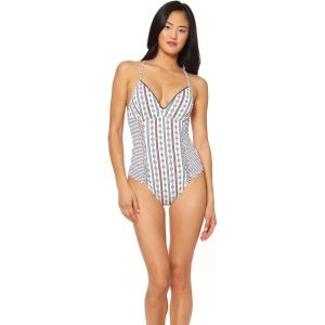 imageJessica Simpson Womens Standard V Neck One Piece Swimsuit Bathing SuitMorroccan Stripe White