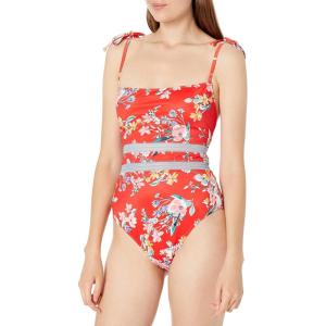 imageJessica Simpson Womens Textured Printed OnePiece SwimsuitRed Floral Spaghetti Strap