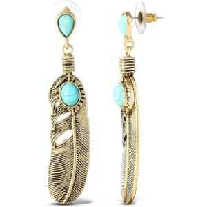imageJessica Simpson Womens Turquoise Earrings  Oxidized GoldTone or SilverTone Turquoise Dangle Earrings for WomenGold Feather Drop