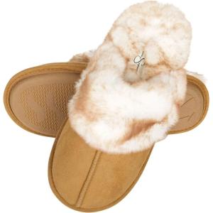 imageJessica Simpson Womens Comfy Faux Fur House Slipper Scuff Memory Foam Slip on AntiSkid SoleTan