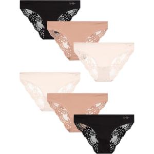 imageJessica Simpson Womens Bikini Panties  6 Pack Seamless Lace Womens Underwear  Microfiber Bikinis for Women Sizes SXLPearlDolceBlack