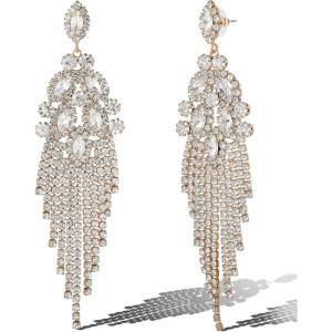 imageJessica Simpson Clear Crystal Dangle Earrings for Women GoldTone Rhinestone Drop Earrings with Rhinestone Fringe