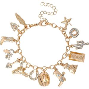 imageJessica Simpson Gold Tone Charm Bracelet for Women 7quot3quot Western Bracelets for Women 14 Charms with Crystals