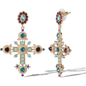 imageJessica Simpson Large Pave Cross Earrings for Women Multicolored Glass Stone GoldTone Cross Dangle Earrings