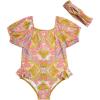 imageJessica Simpson Baby Girls Swimsuit  Short Sleeve One Piece Bathing Suit for Toddlers with Matching Headband 12M4TMulti