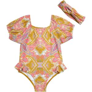 imageJessica Simpson Baby Girls Swimsuit  Short Sleeve One Piece Bathing Suit for Toddlers with Matching Headband 12M4TMulti
