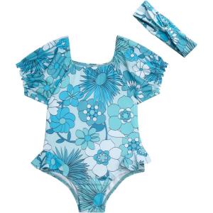 imageJessica Simpson Baby Girls Swimsuit  Short Sleeve One Piece Bathing Suit for Toddlers with Matching Headband 12M4TTeal