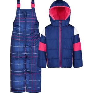 image:imageJessica Simpson girls Twopiece Insulated Winter Snowsuit With Hooded Jacket and Ski Bib OverallsNavy Plaid