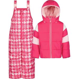 image:imageJessica Simpson Girls Twopiece Insulated Winter Snowsuit With Hooded Jacket and Ski Bib OverallsFuchsia Houndstooth